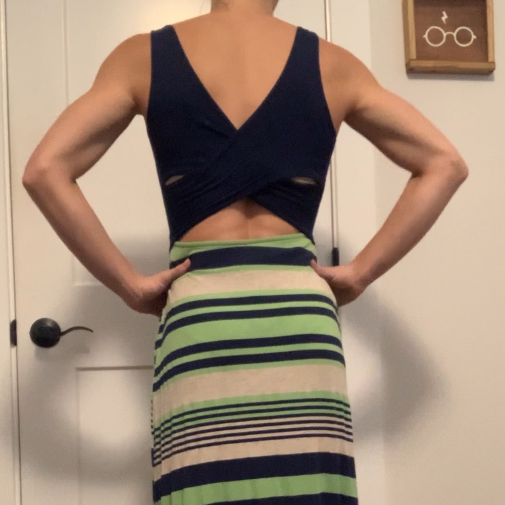 Blue green and gray striped maxi dress